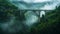 Green foggy mountains, river, very high arch retro bridge. Architecture and nature. Mystery landscape. Generative AI