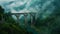 Green foggy mountains, river, very high arch retro bridge. Architecture and nature. Mystery landscape. Generative AI