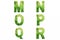 Green font Alphabet m, n, o, p, q, r made of fresh grass background.