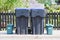 Green food bins and black wheelie bins in tidy row outside house and garden fence