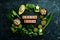 Green foods: avocado, broccoli, parsley, celery, cucumber and kiwi. The inscription