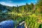 Green forest, dramatic sky, meadow and reflection in water of Cr