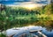 Green forest, dramatic sky, meadow and reflection in water of Cr