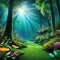 green forest with flowers and butterflies flying over mossy ground in the