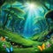 green forest with flowers and butterflies flying over mossy ground in the