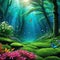green forest with flowers and butterflies flying over mossy ground in the