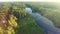 Green forest landscape. Aerial footage. Sunset