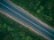 Green forest with mystical fog and direct road, dramatic mood. Aerial top view