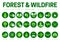 Green Forest & Wildfire Round Icon Set with Fire, Pine, Cabin, Wildlife, Helicopter, Rain, Weather, Firefighter, Wild Animal,