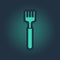 Green Fork icon isolated on blue background. Cutlery symbol. Abstract circle random dots. Vector Illustration