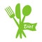 Green fork, knife, spoon and ribbon with white inscription DIET. Vector