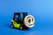 Green Forklift truck carry email symbol commercial AT. Integration of the industry into network technologies and Internet.