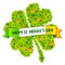 Green four-leaf clover shape filled with little clovers with golden coins and Happy St Patrick Day on Irish flag banner