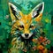 Green Fox Abstract Painting: Vibrant Geometrics And Naturalistic Flora And Fauna