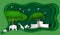 Green frame with wild animal and tractor in forest of paper art style,vector or illustration with forest conservation concept