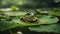 A green frog on a lotus leaf with a swamp feel