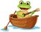 Green frog playing guitar on the wooden paddle boat