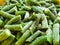 Green frozen beans. Closeup frozen cut green french bean, haricot vert. Vegetable food background.