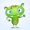 Green funny happy cartoon monster. Green vector alien character. Halloween design.