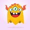 Green funny happy cartoon monster. Orange vector alien character with three eyes. Halloween design.