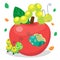 Green funny smiling cute caterpillars eating apple. Insect character for baby and children. Vector illustration, cartoon