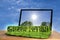 Green future. Open laptop with 3D text green future and grass texture