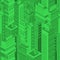 Green futuristic seamless pattern with isometric urban buildings and skyscrapers of modern megalopolis. Background with