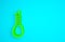 Green Gallows rope loop hanging icon isolated on blue background. Rope tied into noose. Suicide, hanging or lynching