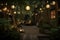 green garden with lanterns and string lights, providing a warm and welcoming space