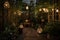 green garden with lanterns and string lights, providing a warm and welcoming space