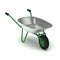 Green garden wheelbarrow on white.