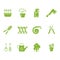 Green gardening tools and accessories icons set