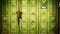 Green gate made of rusty metal sheet secured with padlocks