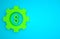 Green Gear with dollar symbol icon isolated on blue background. Business and finance conceptual icon. Minimalism concept