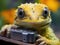 Green gecko using mini retro phone