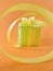 Green Gift box at the end of the spiral yellow ribbon, orange background, vertical.