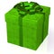 Green gift box with snowflakes and green bow.