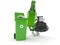 Green glass bottle character with dustbin