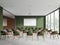 Green and glass conference hall interior with projection screen