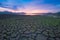 Green glass on cracked mud with beautiful sky after sunset