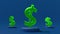 Green glass dollar sign. Currency fluctuations concept. Blue background. Abstract animation, 3d render.