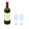 Green glass red wine bottle and two clean glasses isometric illustration