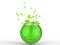 Green glass shattering low poly sphere on white background