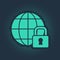 Green Global lockdown - locked globe icon isolated on blue background. Abstract circle random dots. Vector
