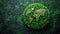 A green globe made of plants on a dark background, AI