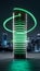 Green glowing cylinder in city night, signifies future energy source amid urban backdrop.