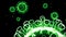 Green glowing holographic image of coronavirus like covid-19 virus or influenza virus flies in air or isolated on black
