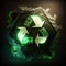 Green glowing recycling sign on dark background, AI generative