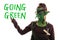 green goblin pointed of text going green, sustainable development