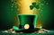 Green and gold background with a Leprechaun hat surrounded by gold coins. Patrick's Day